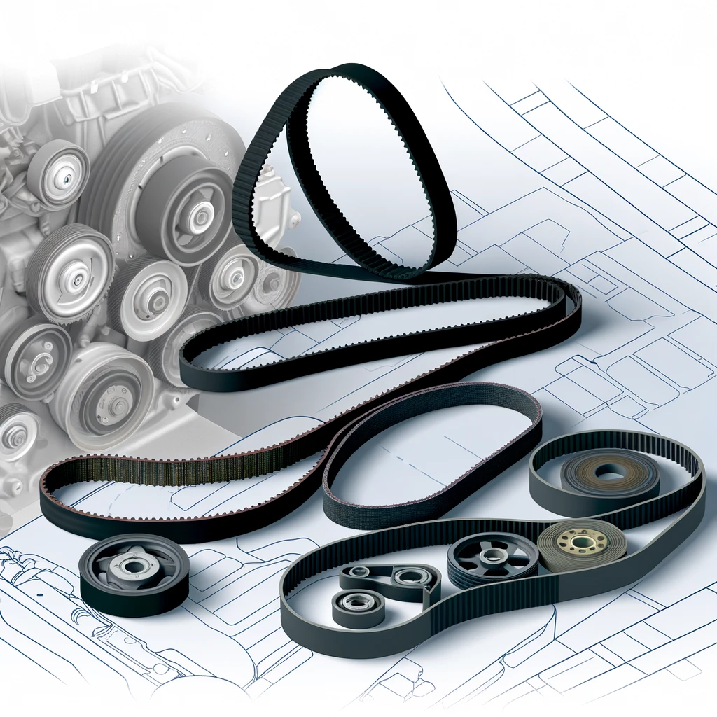 Blog DALL·E 2024 05 06 17.38.24 A detailed illustration of various automotive belts and their design components. The image features an assortment of belts such as timing belts serpe