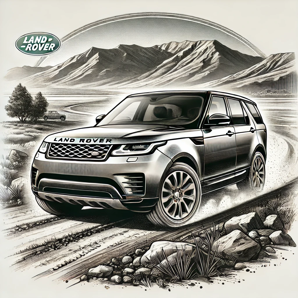 Blog DALL·E 2024 07 17 11.47.58 A detailed illustration of a Land Rover vehicle. The car is set against a rugged outdoor landscape with mountains in the background and a dirt road l