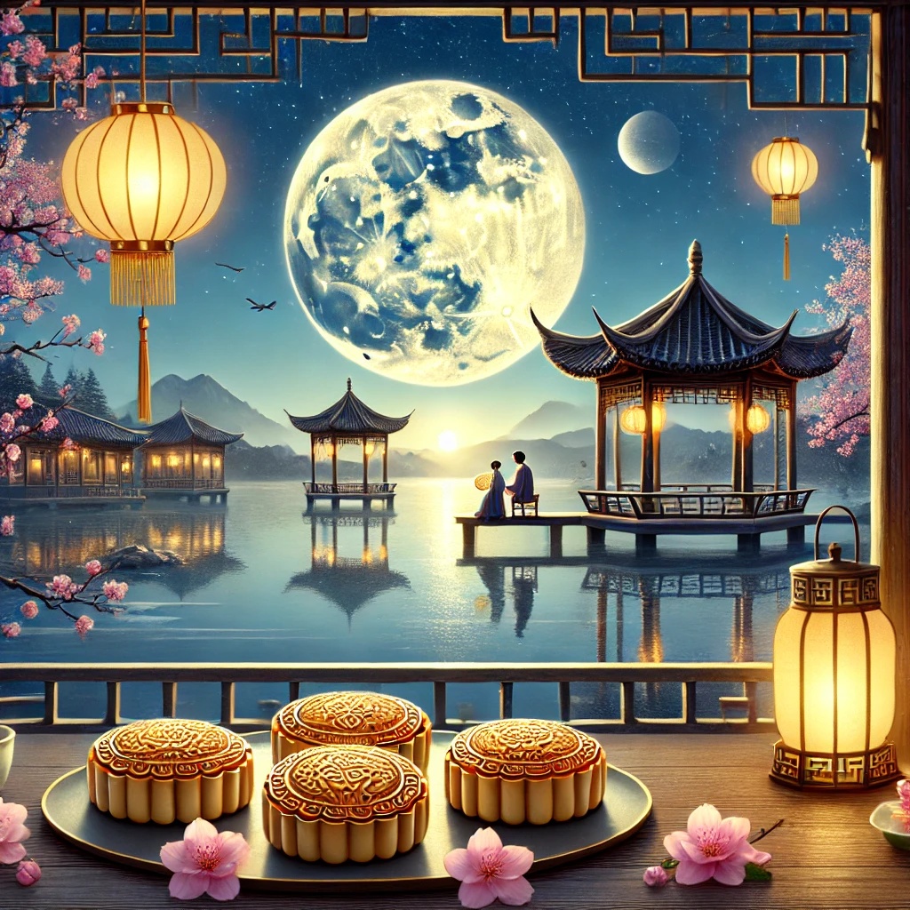 Blog DALL·E 2024 09 17 18.54.04 A traditional Chinese Mid Autumn Festival scene featuring a bright full moon shining over a peaceful landscape. In the foreground there are round moo 副本